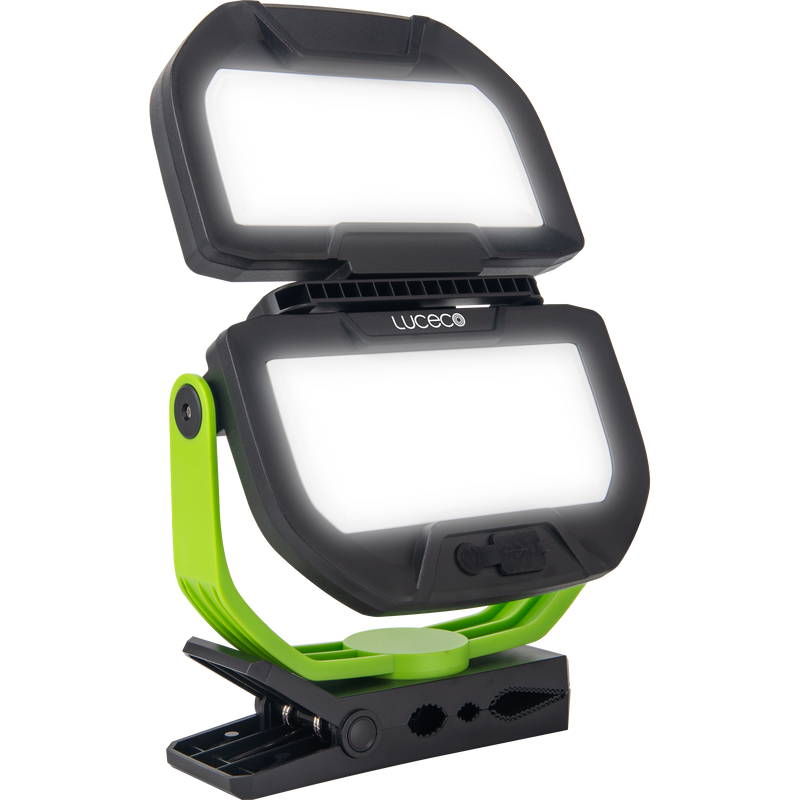 Luceco Clamp - Twin Panel LED Worklight with Magnetic Clamp and USB Power Bank, Rechargeable, Fully Rotating and Tilting Inspection Light, Folding, High Capacity Battery, IP54, 30W, 2500lm, 6500K,