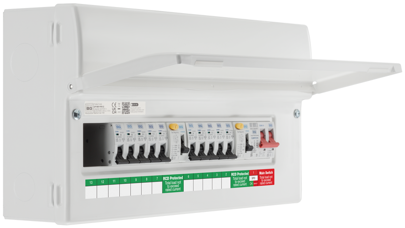 BG Circuit Protection Dual RCD SPD - 19 module, 12way, 100A Main Switch, 2 x 100A Type A RCD, Type 2 SPD
