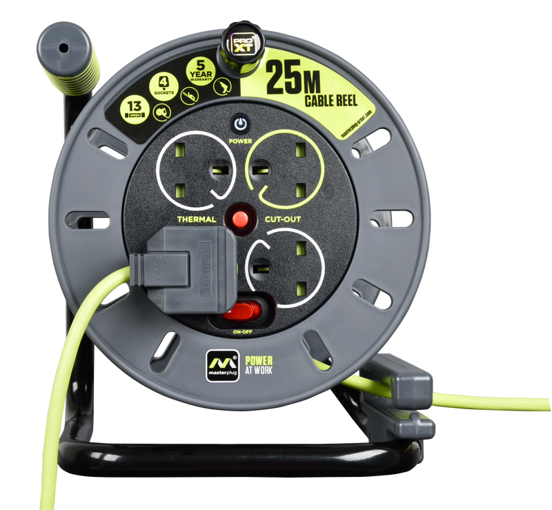 Masterplug Pro XT - 25m, 4 Sockets, 13A, Grey + Green