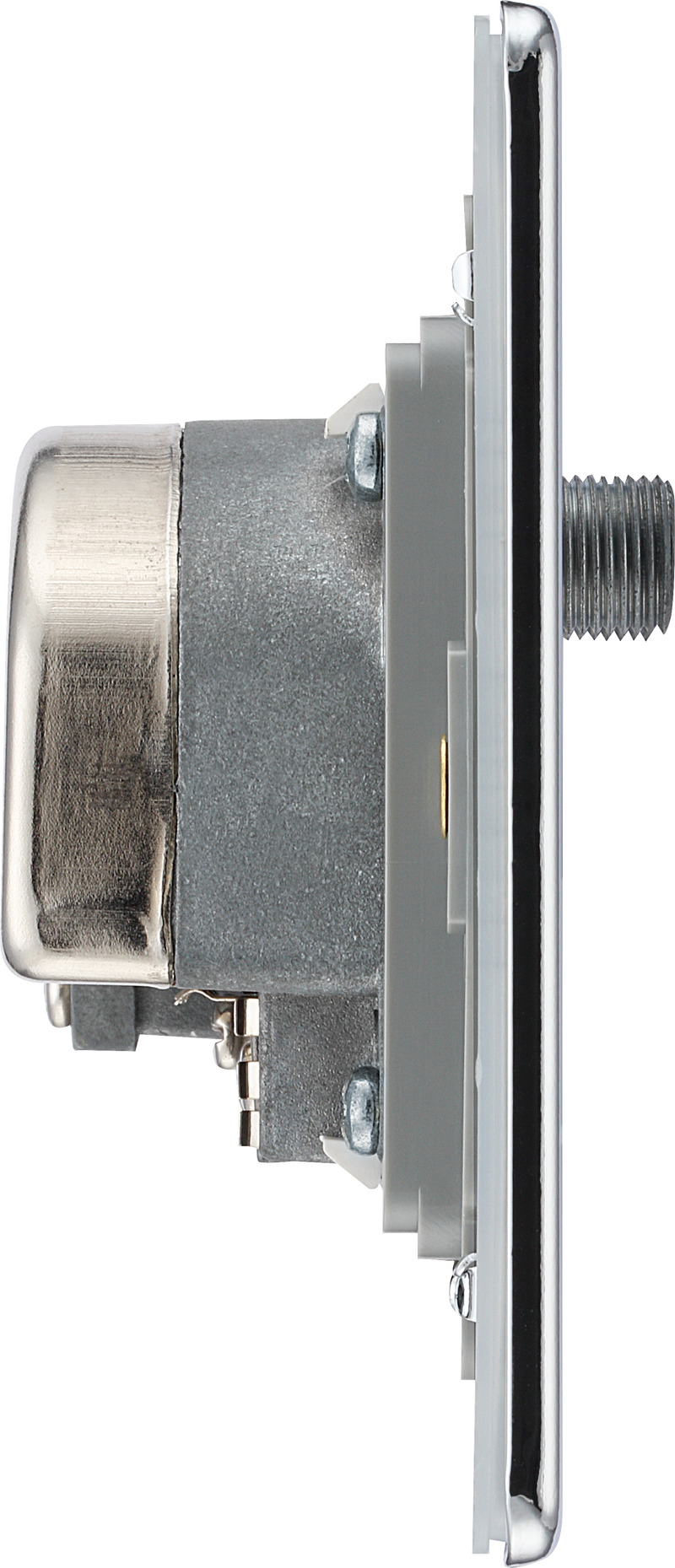 BG Electrical Flatplate Screwless Polished Chrome - Quadplex, 2 x sat, BT outlet and co-ax returned - screened