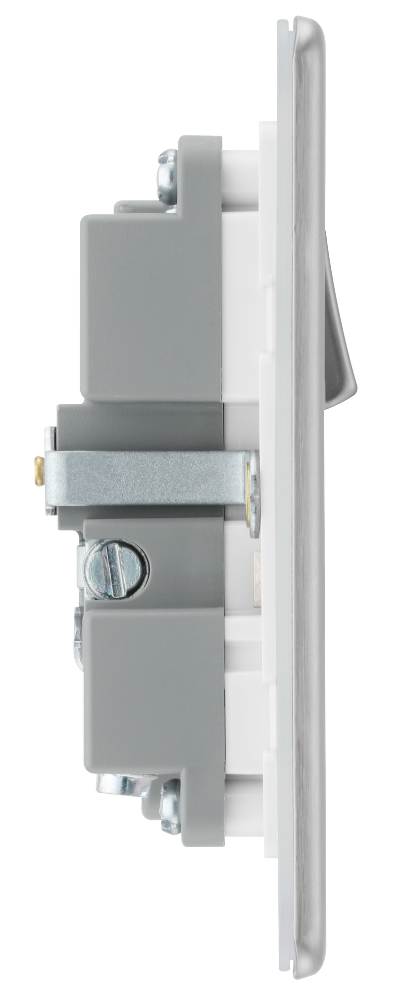 BG Electrical Flatplate Screwless Brushed Steel - Single, switched, single pole, with 1 x USB A + 1 x USB C