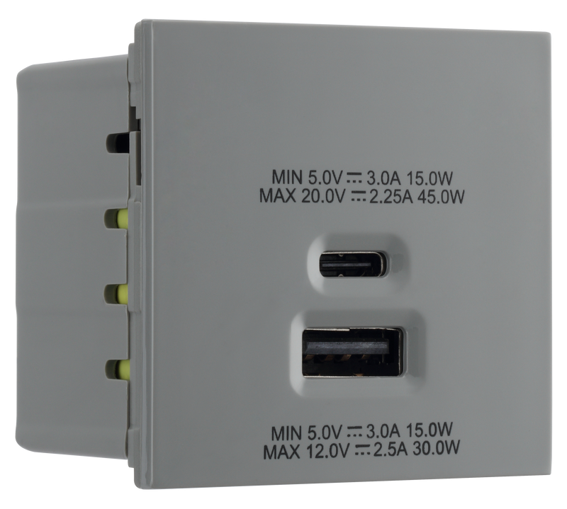 BG Electrical Euro Module - 45W USB A+C Euro Module - Grey