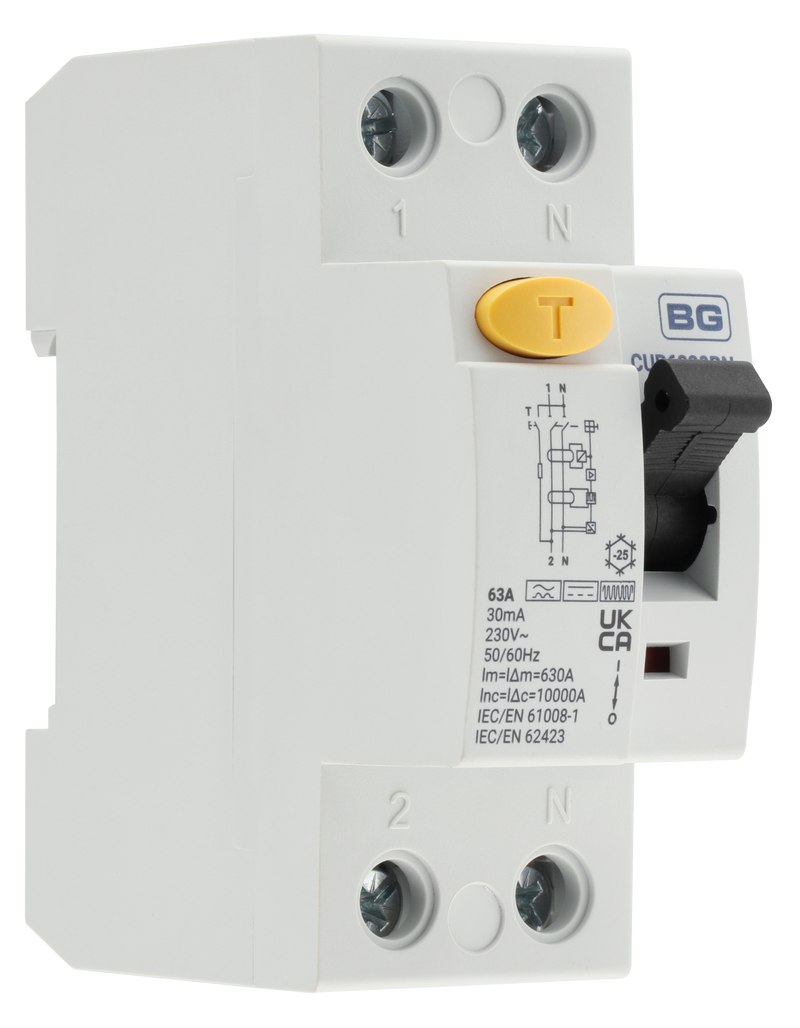 BG Circuit Protection RCD - Type B, Bidirectional RCD, Double Pole, 63A, 30mA, 2 Module
