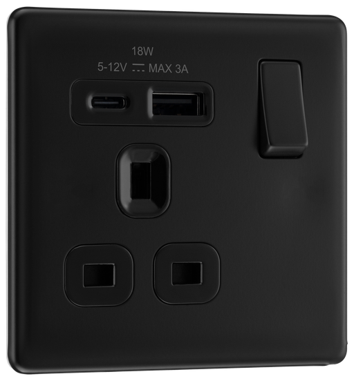 BG Electrical Flatplate Screwless Matt Black - Single, switched, single pole, with 1 x USB A + 1 x USB C