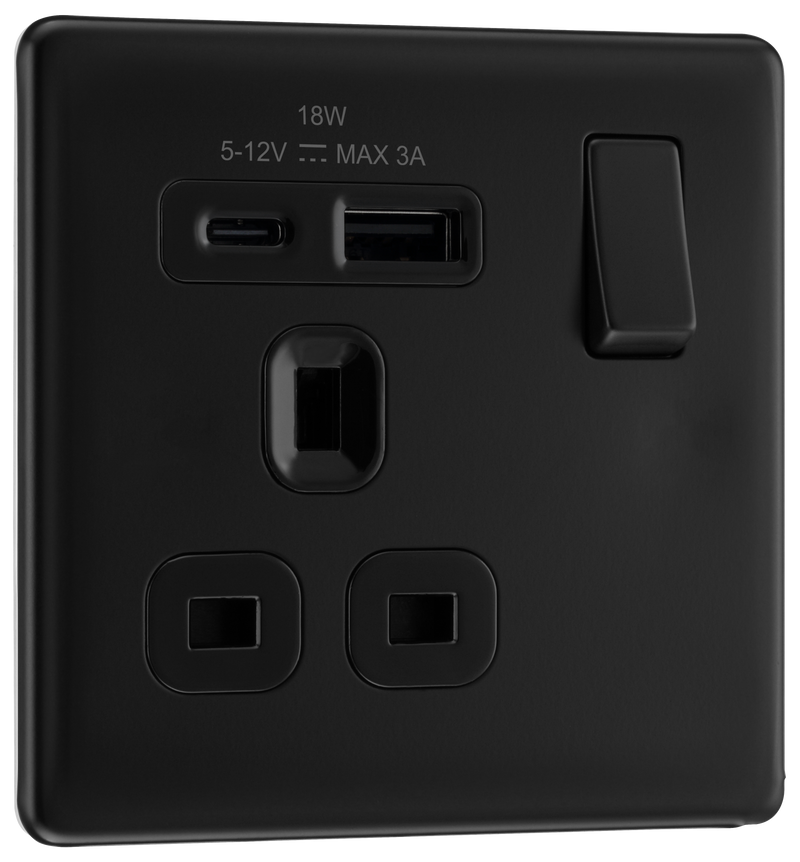 BG Electrical Flatplate Screwless Matt Black - Single, switched, single pole, with 1 x USB A + 1 x USB C