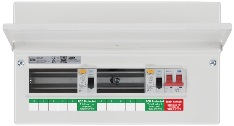 BG Circuit Protection Dual RCD - 16 module, 10 way, 100A Main Switch, 2 x 80A Type A RCD