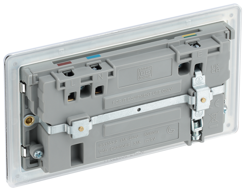 BG Electrical Flatplate Screwless Polished Chrome - Double switched, single pole, with 2 x USB A