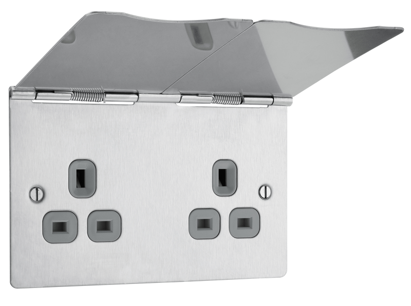 BG Electrical Flatplate Screwless Brushed Steel - Double, unswitched, floor socket