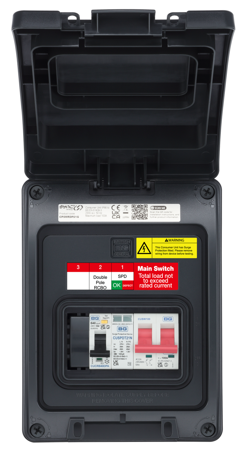 Sync Energy Consumer Unit - 5 Module, IP66, Plastic, Grey, 100A Main Switch,40A 30mA Double Pole RCBO, Type A, Type 2 SPD + 1 spare way