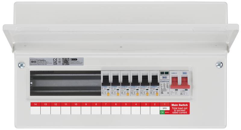 BG Circuit Protection RCBO Main Switch SPD - 16 module, 13 way, 100A Main Switch, 6 RCBO's, Type 2 SPD