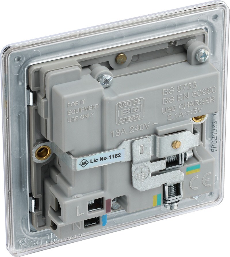 BG Electrical Flatplate Screwless Polished Chrome - Single switched, single pole, with 2 x USB A
