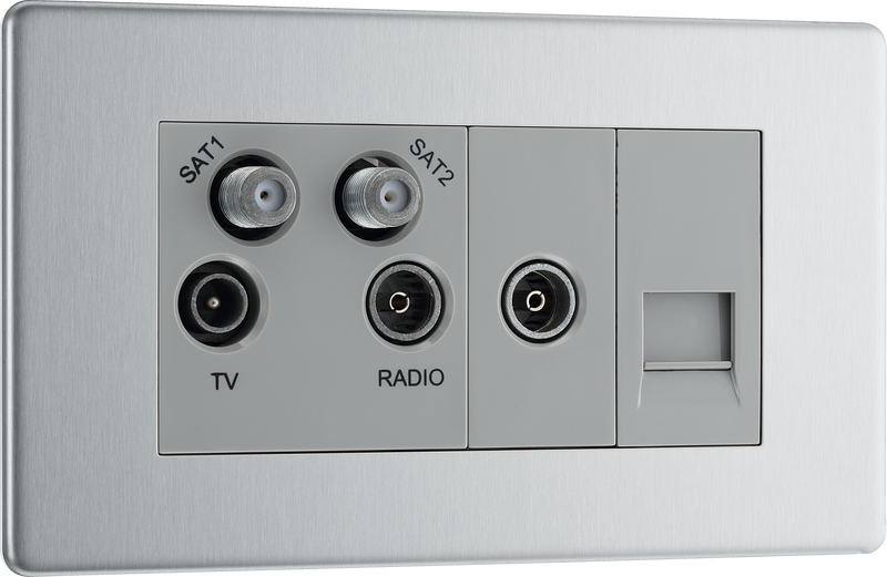 BG Electrical Flatplate Screwless Brushed Steel - Quadplex, 2 x sat, BT outlet and co-ax returned - screened