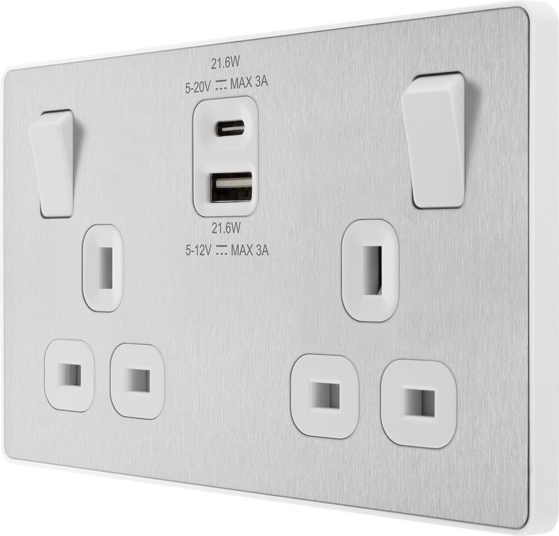 BG Electrical Evolve Brushed Steel - Double switched single pole, with USB A + C (22W)