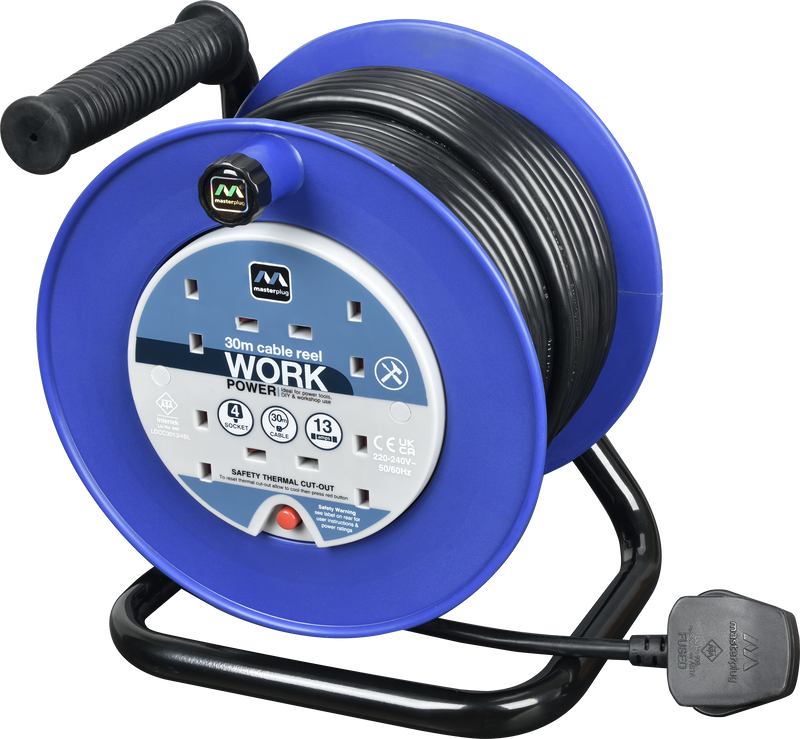 Masterplug Work - 30m, 4 Sockets, 13A, Blue