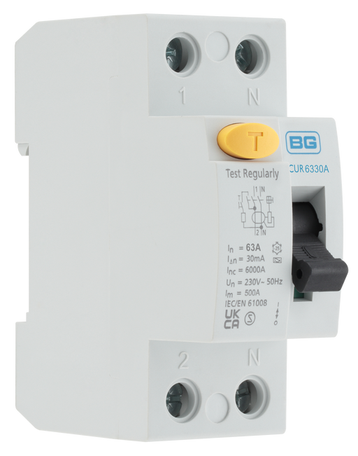 BG Circuit Protection RCD - Type A, Bidirectional RCD, Double Pole, 63A, 30mA, 2 module