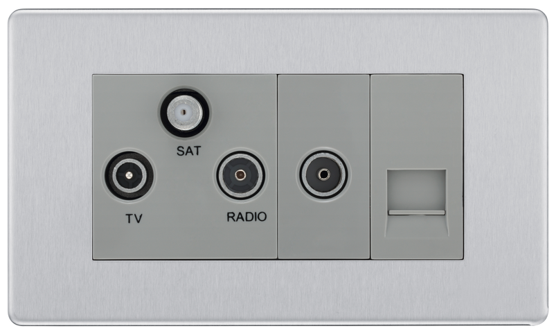 BG Electrical Flatplate Screwless Brushed Steel - Triplex with BT outlet and co-axial return - screened