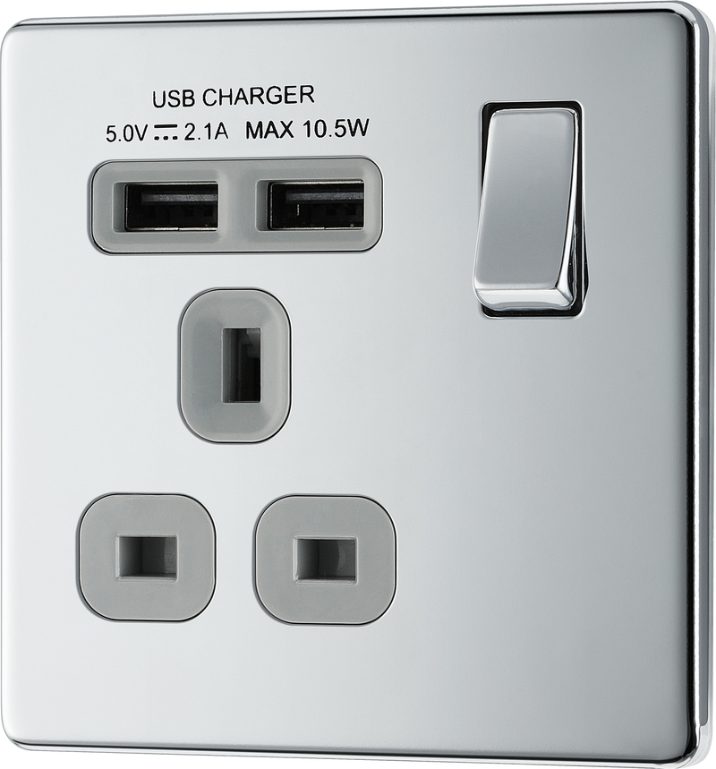 BG Electrical Flatplate Screwless Polished Chrome - Single switched, single pole, with 2 x USB A