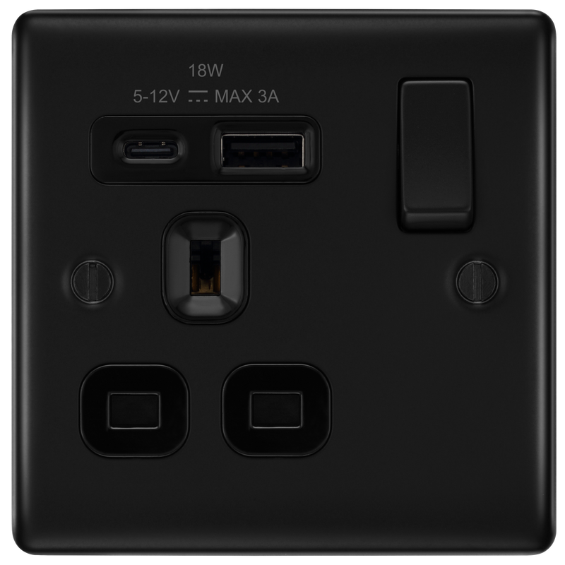 BG Electrical Nexus Metal Matt Black - Single, switched, single pole, with 1 x USB A + 1 x USB C