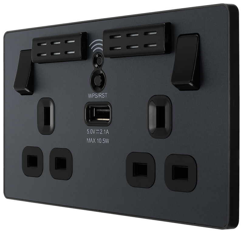 BG Electrical Evolve Matt Grey - Double, switched, single pole, WiFi Extender + USB A