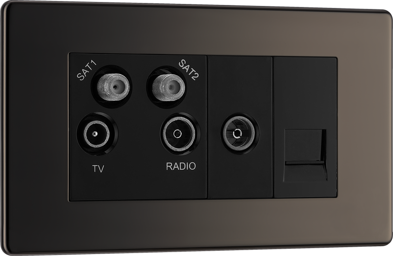 BG Electrical Flatplate Screwless Black Nickel - Quadplex 2 x sat, BT outlet and co-ax returned - screened