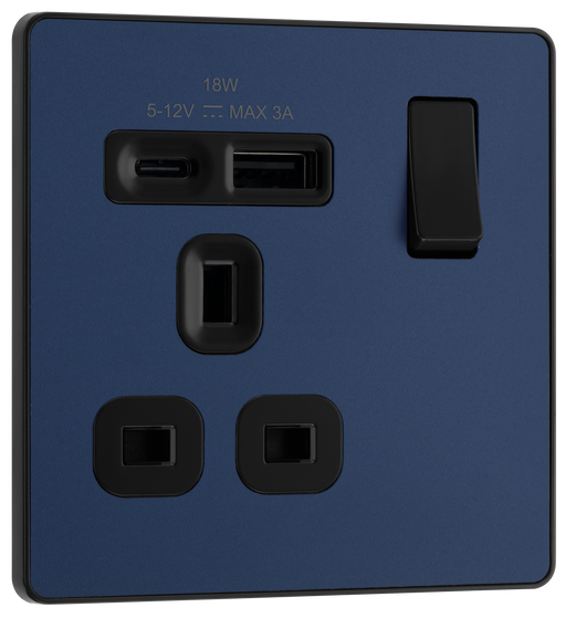 BG Electrical Evolve Matt Blue - Single, switched, single pole, with 1 x USB A + 1 x USB C
