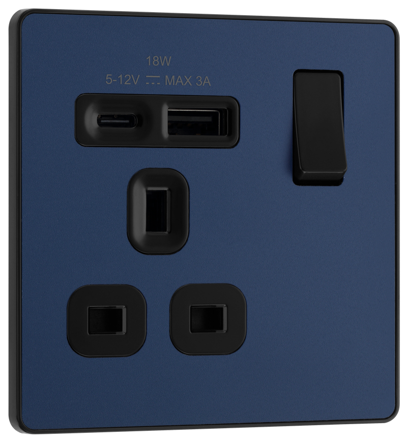 BG Electrical Evolve Matt Blue - Single, switched, single pole, with 1 x USB A + 1 x USB C