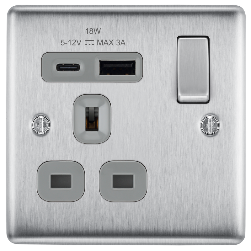 BG Electrical Nexus Metal Brushed Steel - Single, switched, single pole, with 1 x USB A + 1 x USB C