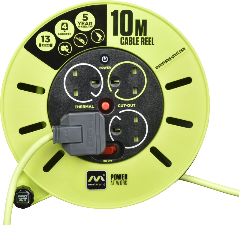 Masterplug Pro XT - 10m, 4 Sockets, 13A, Grey + Green