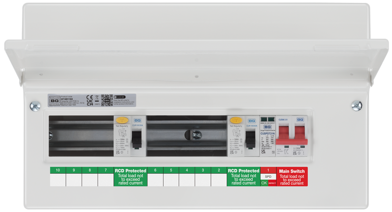 BG Circuit Protection Dual RCD SPD - 16 module, 9 way, 100A Main Switch, 2 x 100A Type A RCD, Type 2 SPD
