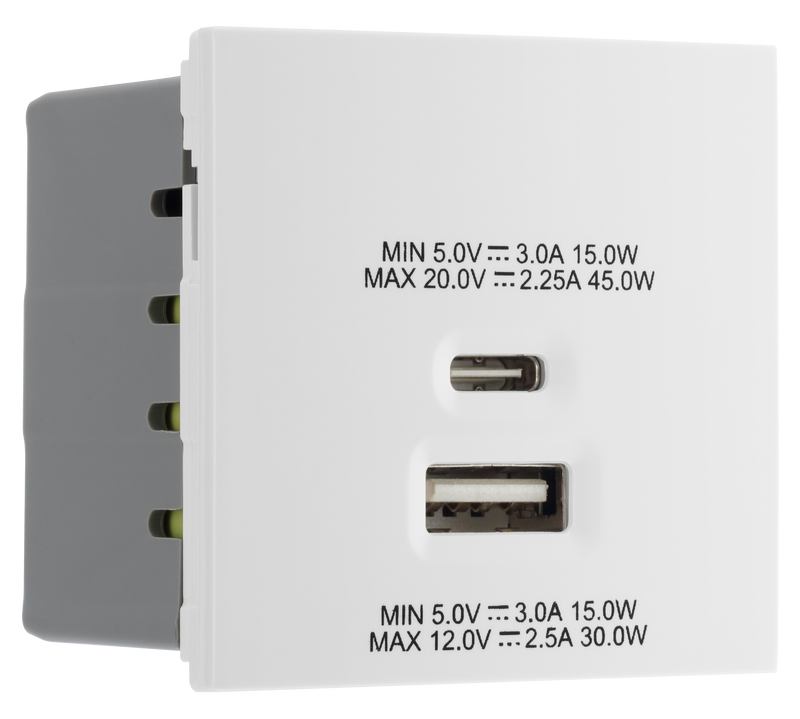 BG Electrical Euro Module - 45W USB A+C Euro Module - White