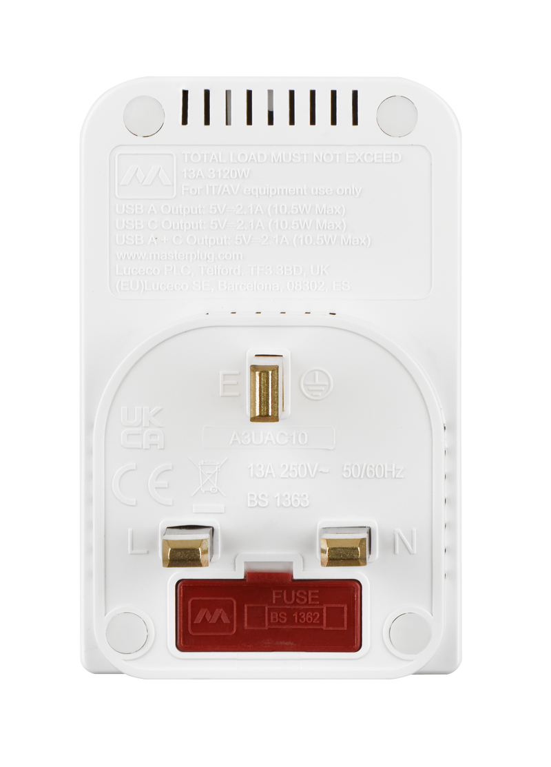 Masterplug USB - 3 Sockets, 10.5W USB A + C, White