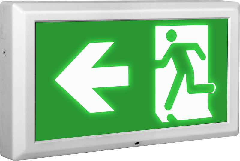 Luceco Exit Box - Tempus emergency exit box self-test with left legend
