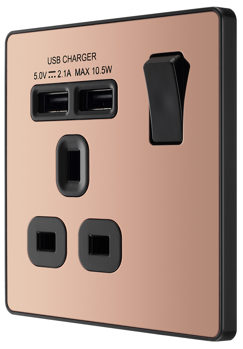 BG Electrical Evolve Polished Copper - Single, switched, single pole, with 2 x USB A