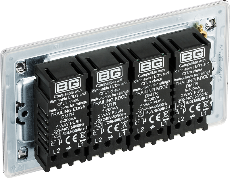 BG Electrical Flatplate Screwless Polished Chrome - Quadruple, 2 way push 200W