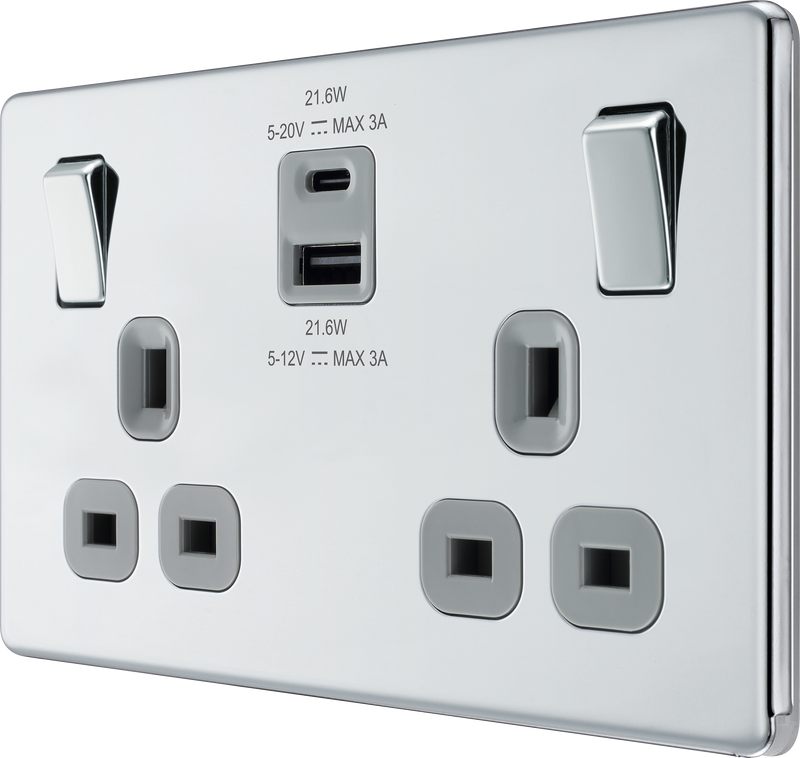 BG Electrical Flatplate Screwless Polished Chrome - Double switched single pole, with USB A + C (22W)