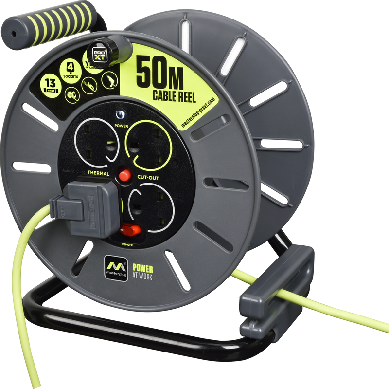 Masterplug Pro XT - 50m, 4 Sockets, 13A, Grey + Green
