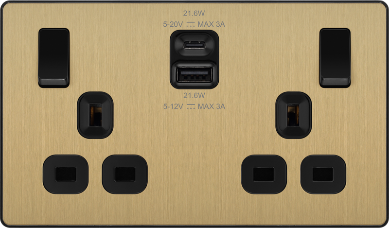 BG Electrical Evolve Satin Brass - Double switched single pole, with USB A + C (22W)