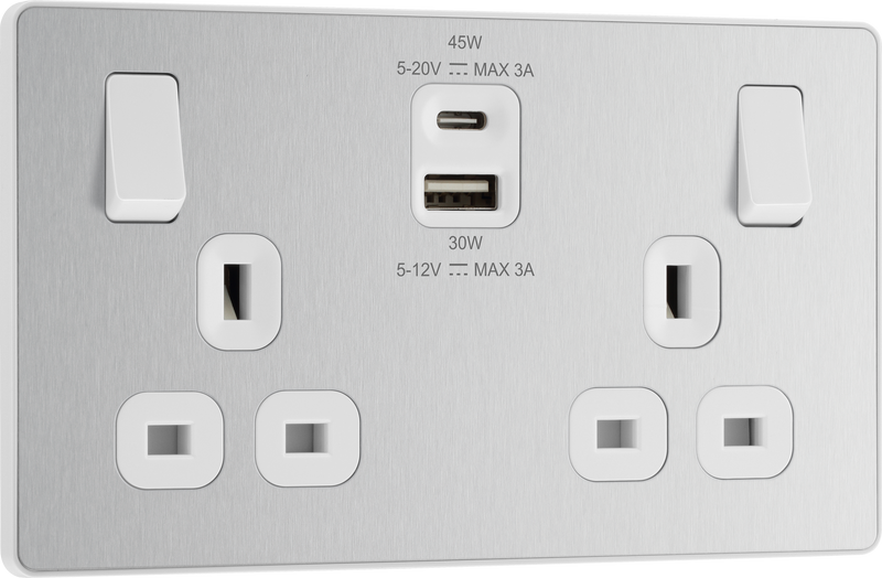 BG Electrical Evolve Brushed Steel - Double switched single pole, with USB A + C (45W)