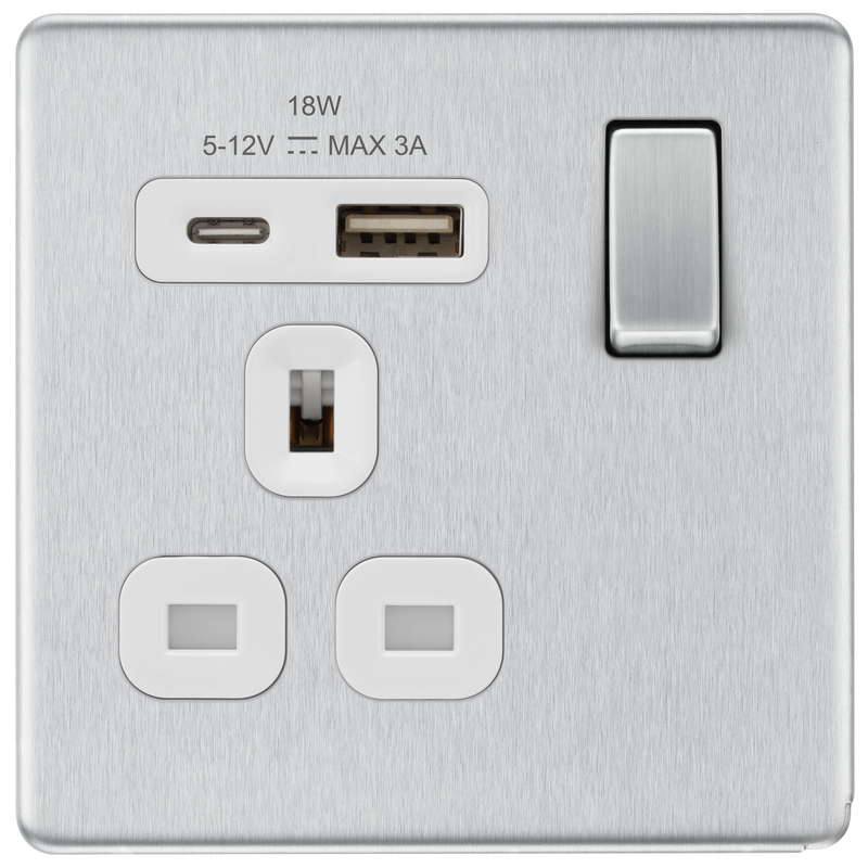 BG Electrical Flatplate Screwless Brushed Steel - Single, switched, single pole, with 1 x USB A + 1 x USB C
