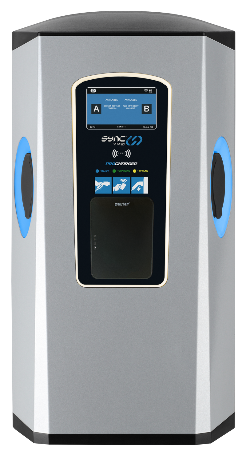 Sync Energy Pro Charger - EV Twin Wall Pro Charger, Three Phase, 2 x 11kW - 4G, MID Meter with Pay Terminal