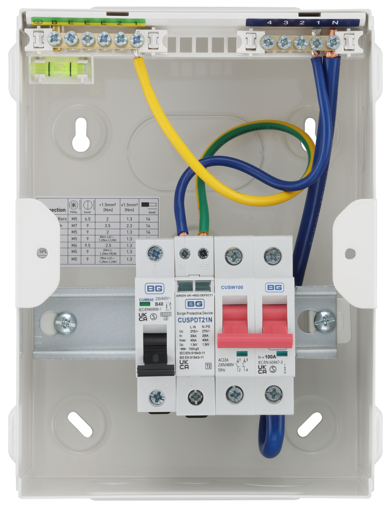 Sync Energy EV Circuit Protection - 5 Module EV Consumer Unit 100A with Main Switch, MCB SPD, IP20 - White
