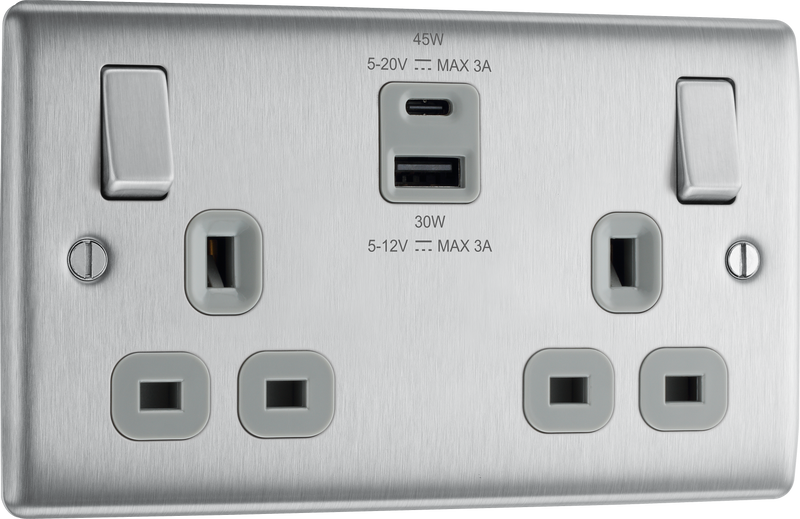 BG Electrical Nexus Metal Brushed Steel - Double switched single pole, with USB A + C (45W)