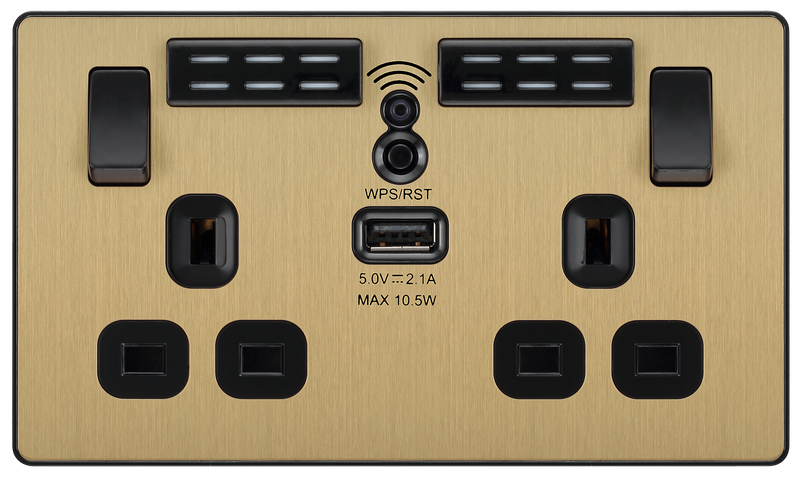 BG Electrical Evolve Satin Brass - Double, switched, single pole, WiFi Extender + USB A