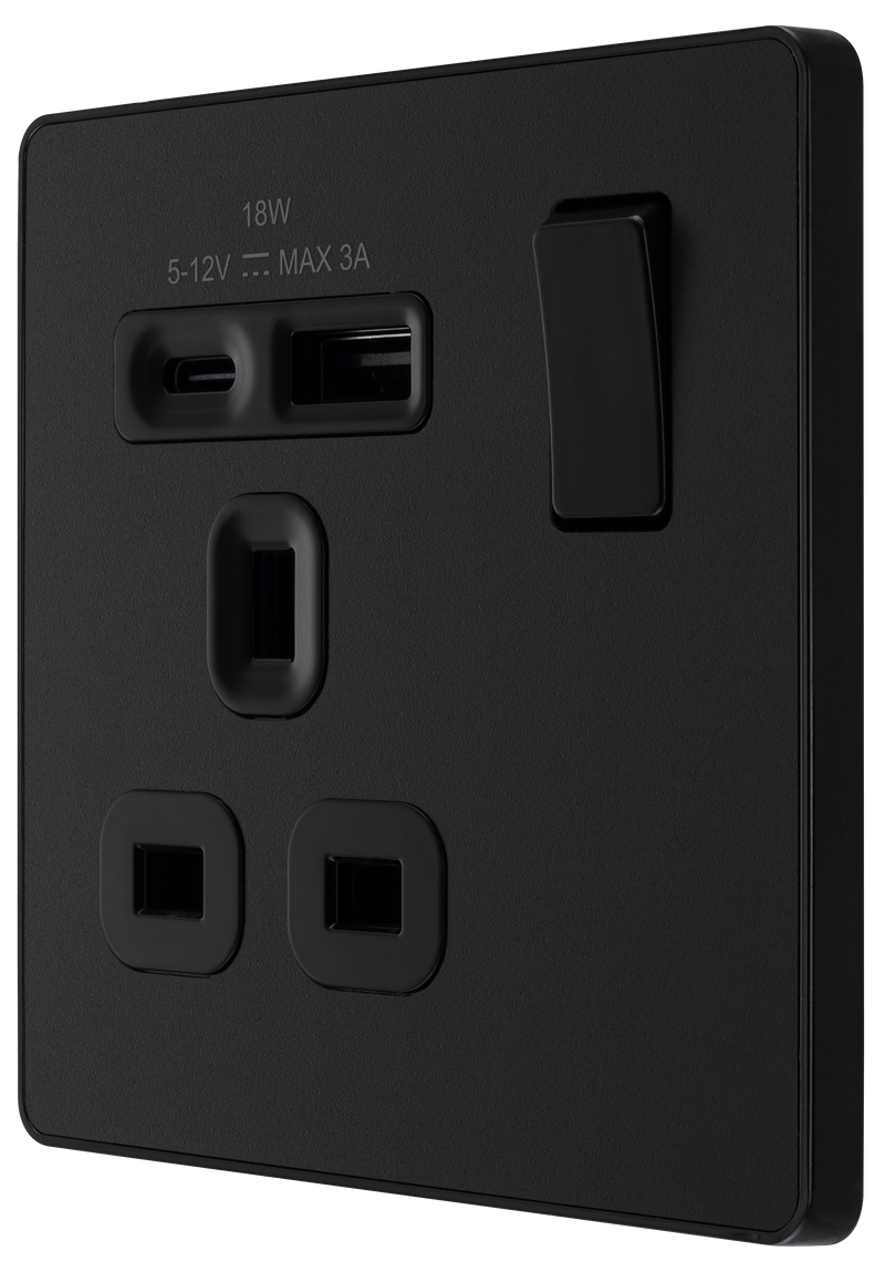 BG Electrical Evolve Matt Black - Single, switched, single pole, with 1 x USB A + 1 x USB C