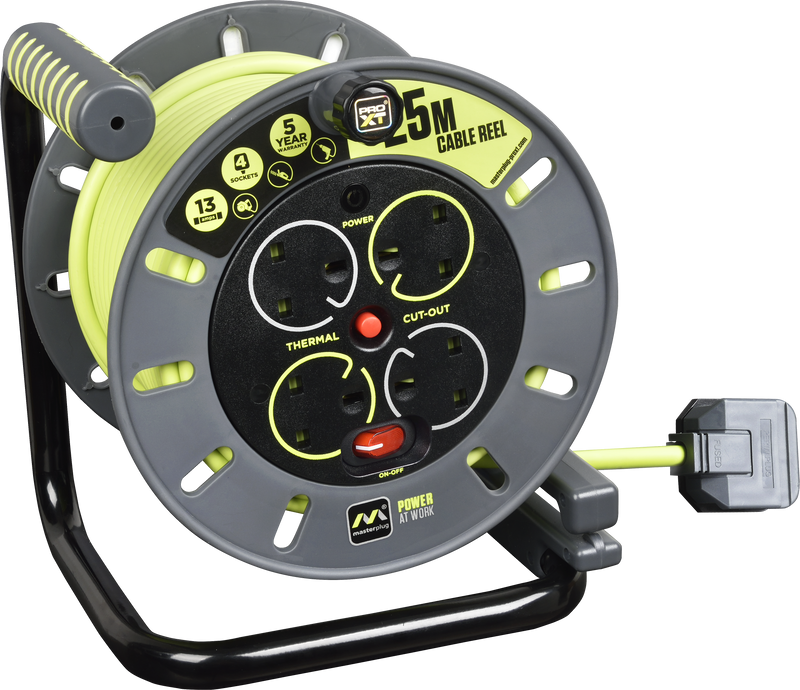 Masterplug Pro XT - 25m, 4 Sockets, 13A, Grey + Green