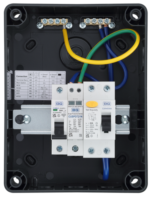 Sync Energy Consumer Unit - 5 Module, IP66, Plastic, Grey, 40A 30mA RCD, Type A, 40A MCB, Type 2 SPD + 1 spare way