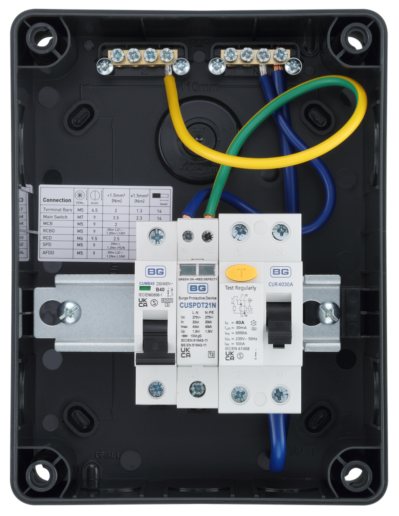 Sync Energy Consumer Unit - 5 Module, IP66, Plastic, Grey, 40A 30mA RCD, Type A, 40A MCB, Type 2 SPD + 1 spare way