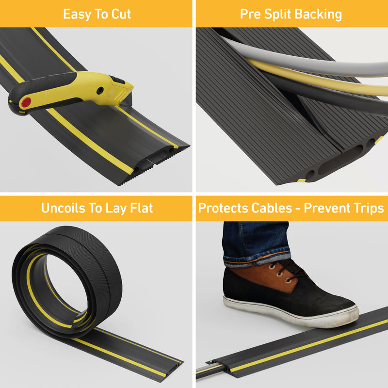 D-Line Floor Cover - Medium Duty Black & Yellow Floor Cable Protector - 1.8m, 30x10mm