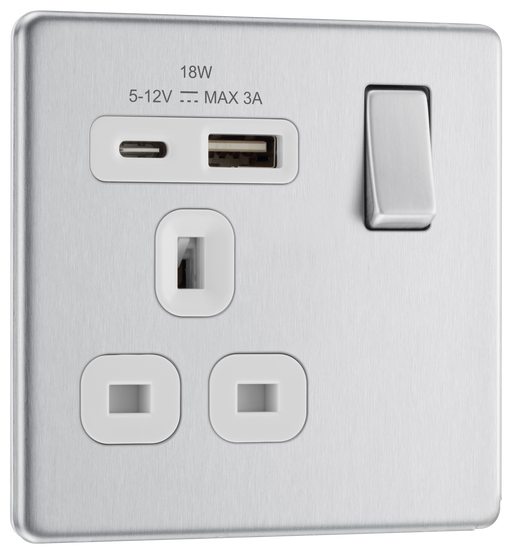 BG Electrical Flatplate Screwless Brushed Steel - Single, switched, single pole, with 1 x USB A + 1 x USB C
