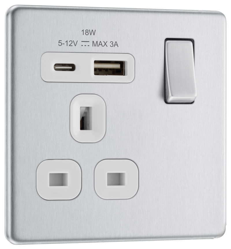 BG Electrical Flatplate Screwless Brushed Steel - Single, switched, single pole, with 1 x USB A + 1 x USB C